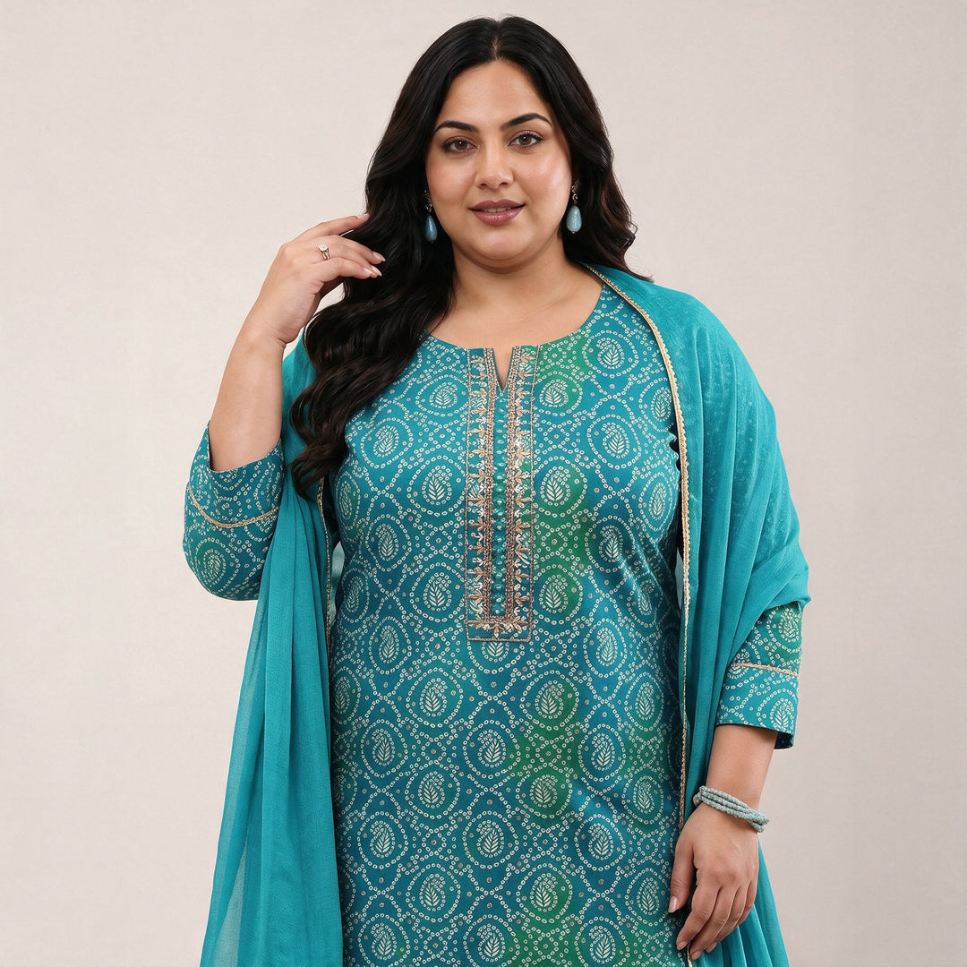 Plus Size Blue Bandhani Printed Viscose Straight Suit Set