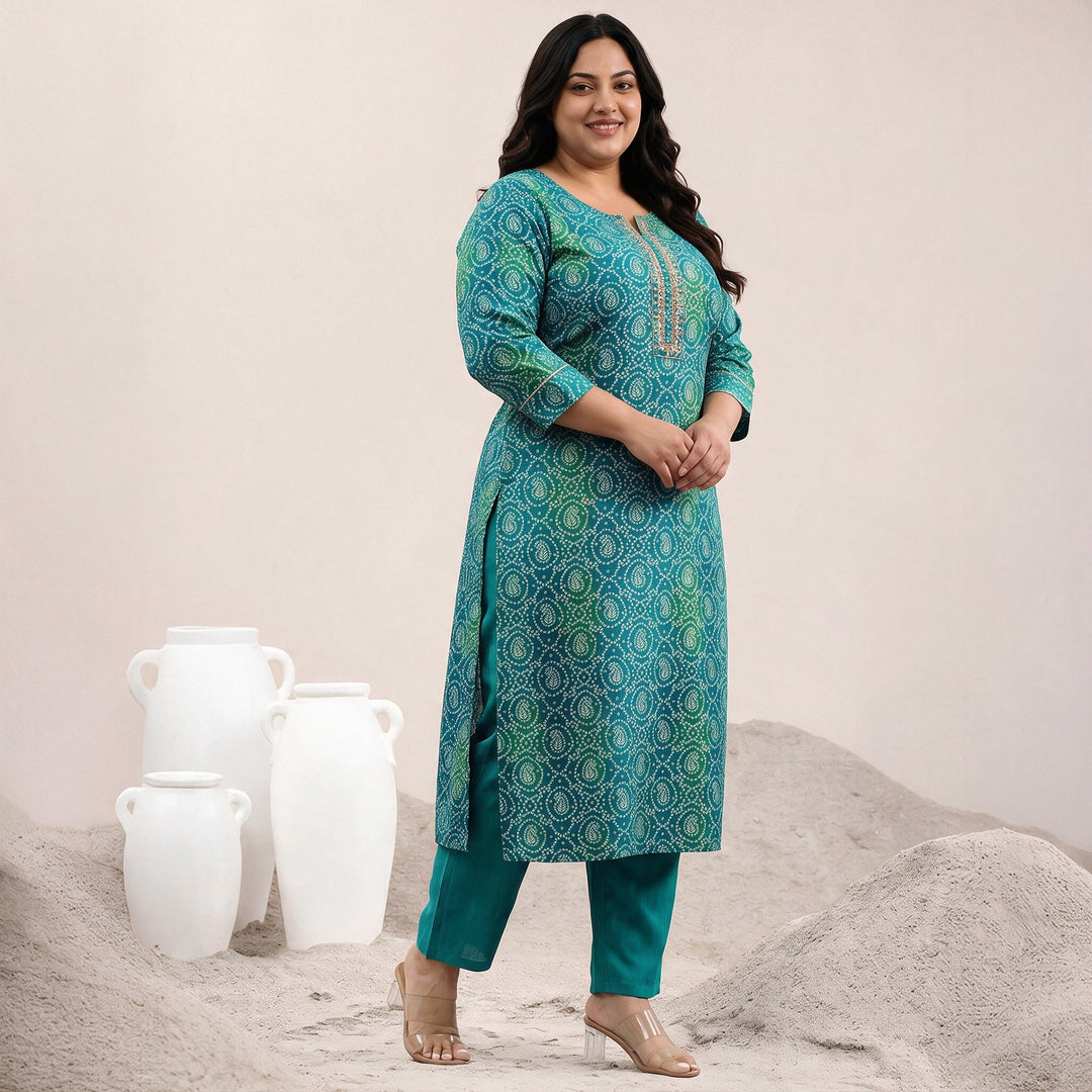Plus Size Blue Bandhani Printed Viscose Straight Suit Set