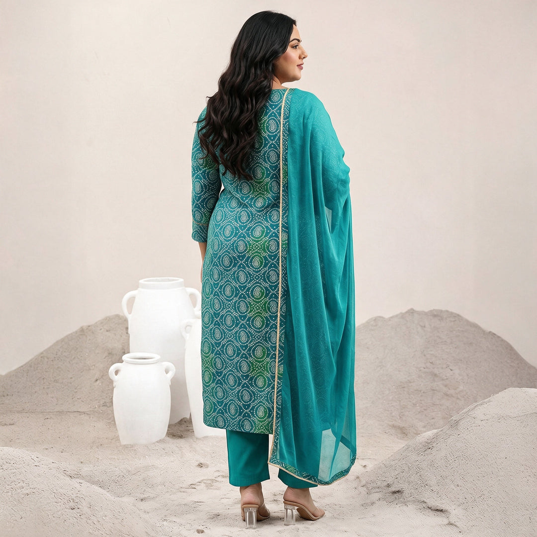 Plus Size Blue Bandhani Printed Viscose Straight Suit Set