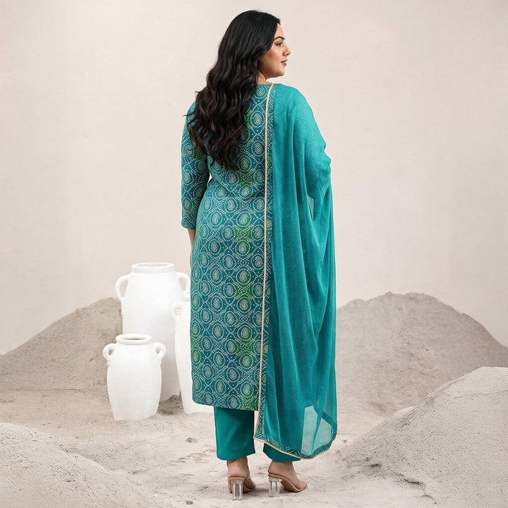 Plus Size Blue Bandhani Printed Viscose Straight Suit Set