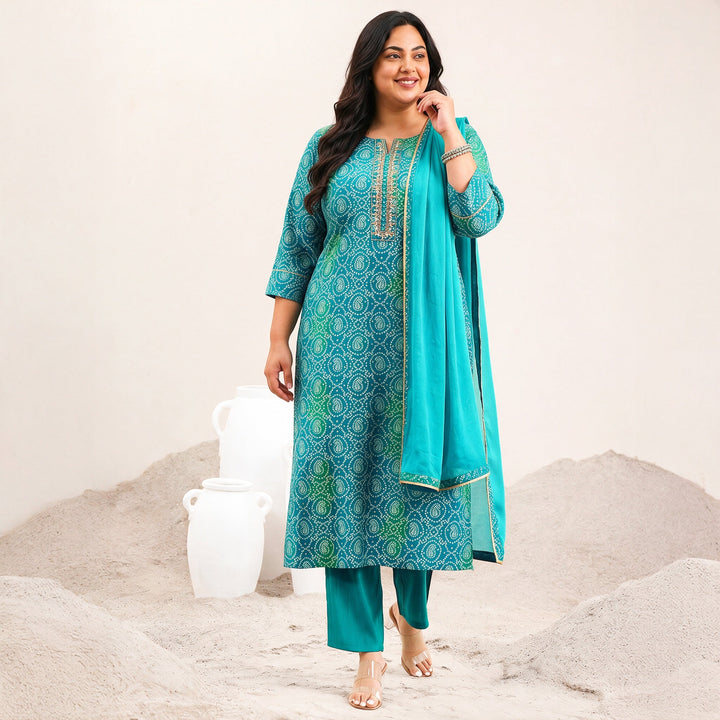 Plus Size Blue Bandhani Printed Viscose Straight Suit Set