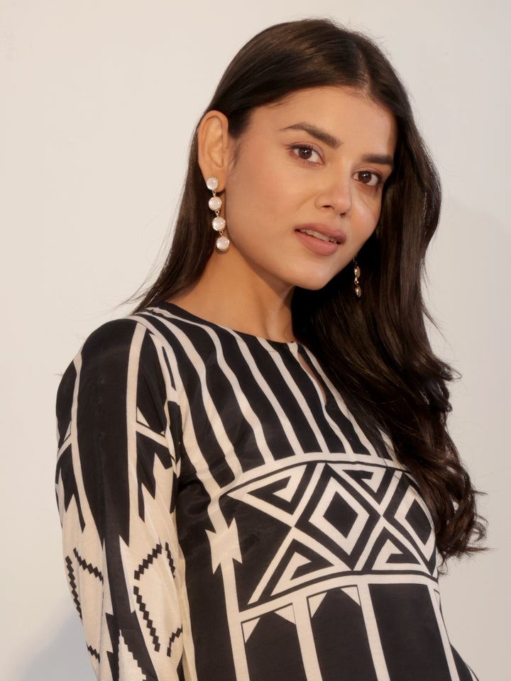 Black Printed Silk Blend Straight Suit With Dupatta