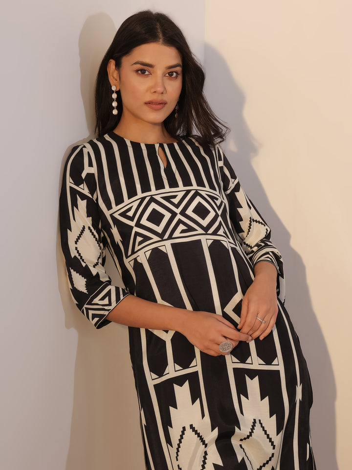 Black Printed Silk Blend Straight Suit With Dupatta