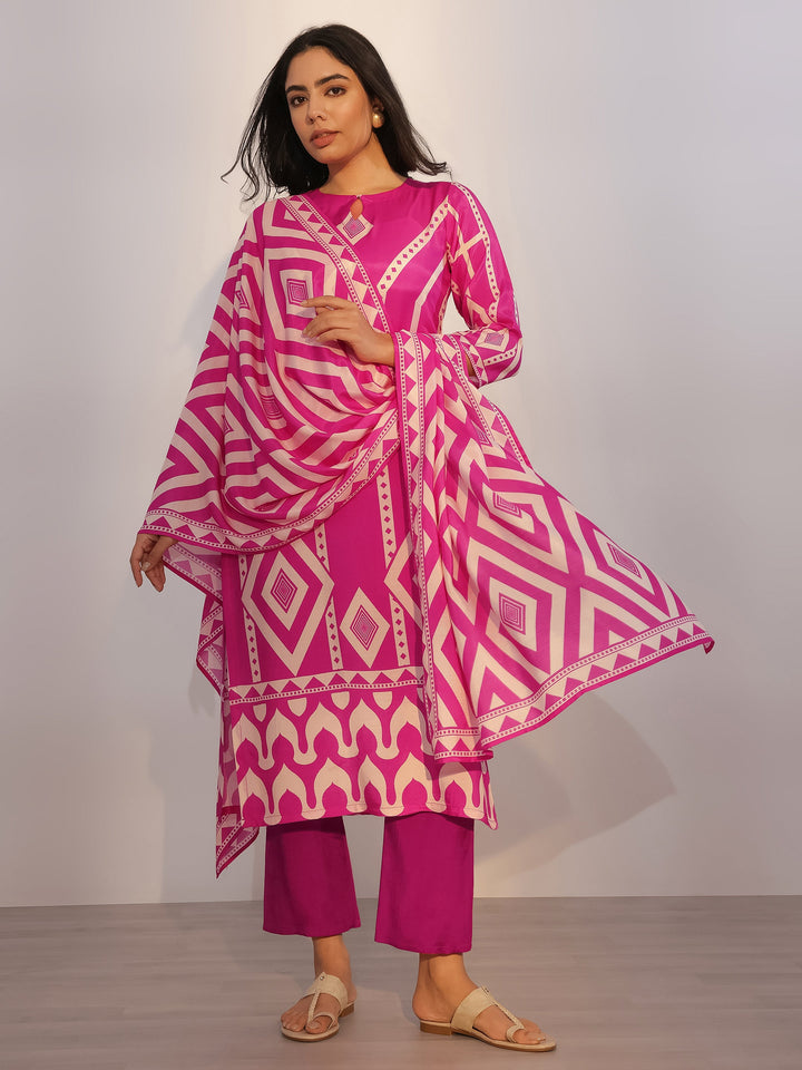 Pink Printed Silk Blend Straight Suit With Dupatta