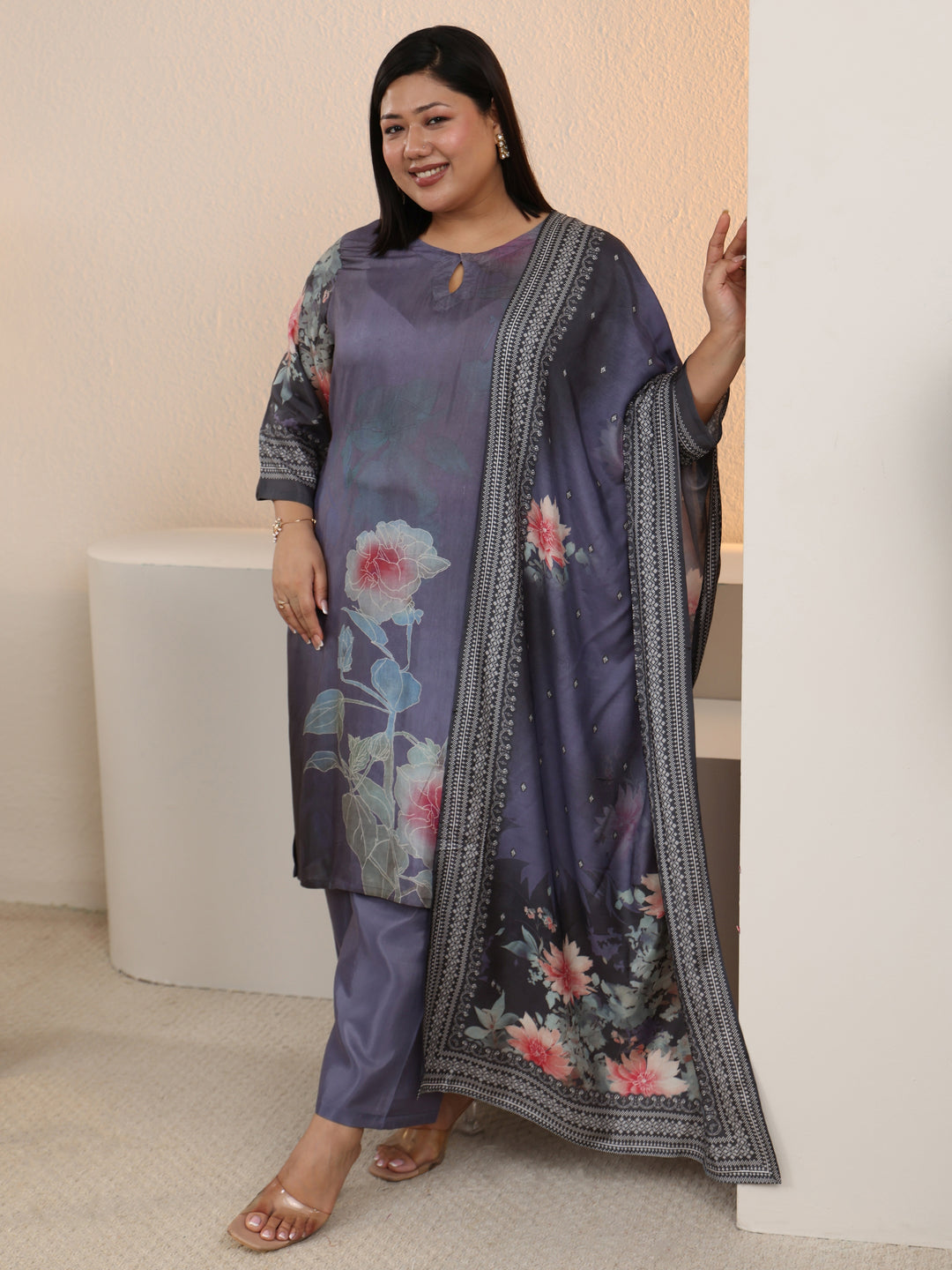 Plus Size Blue Printed Silk Blend Straight Suit With Dupatta