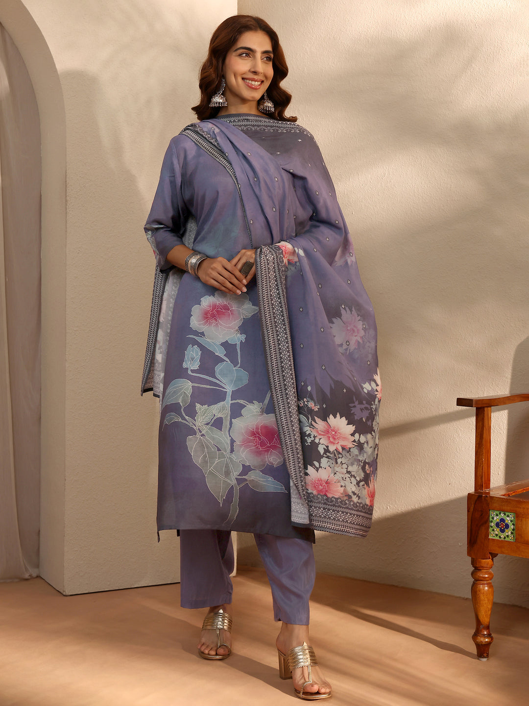 Blue Printed Silk Blend Straight Suit With Dupatta
