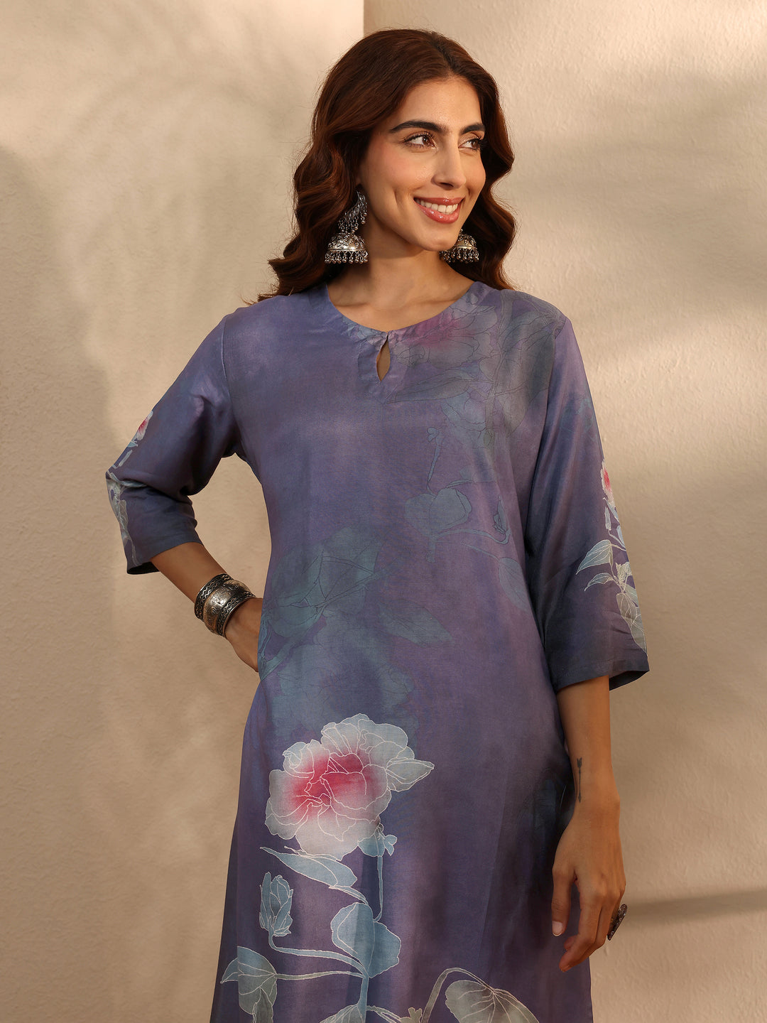 Blue Printed Silk Blend Straight Suit With Dupatta