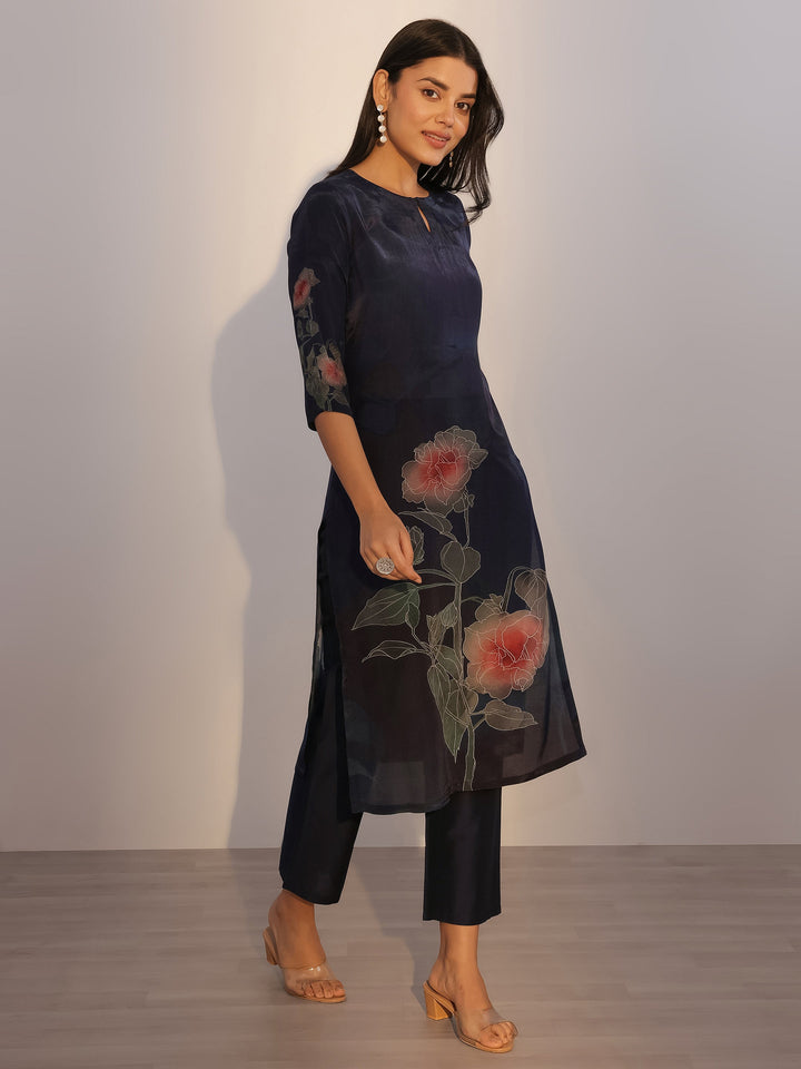 Blue Printed Silk Blend Straight Suit With Dupatta