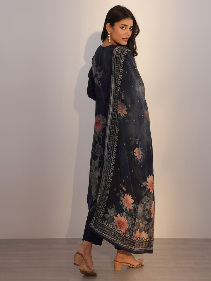 Blue Printed Silk Blend Straight Suit With Dupatta