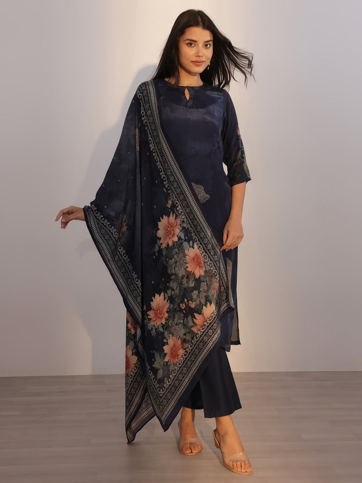Blue Printed Silk Blend Straight Suit With Dupatta