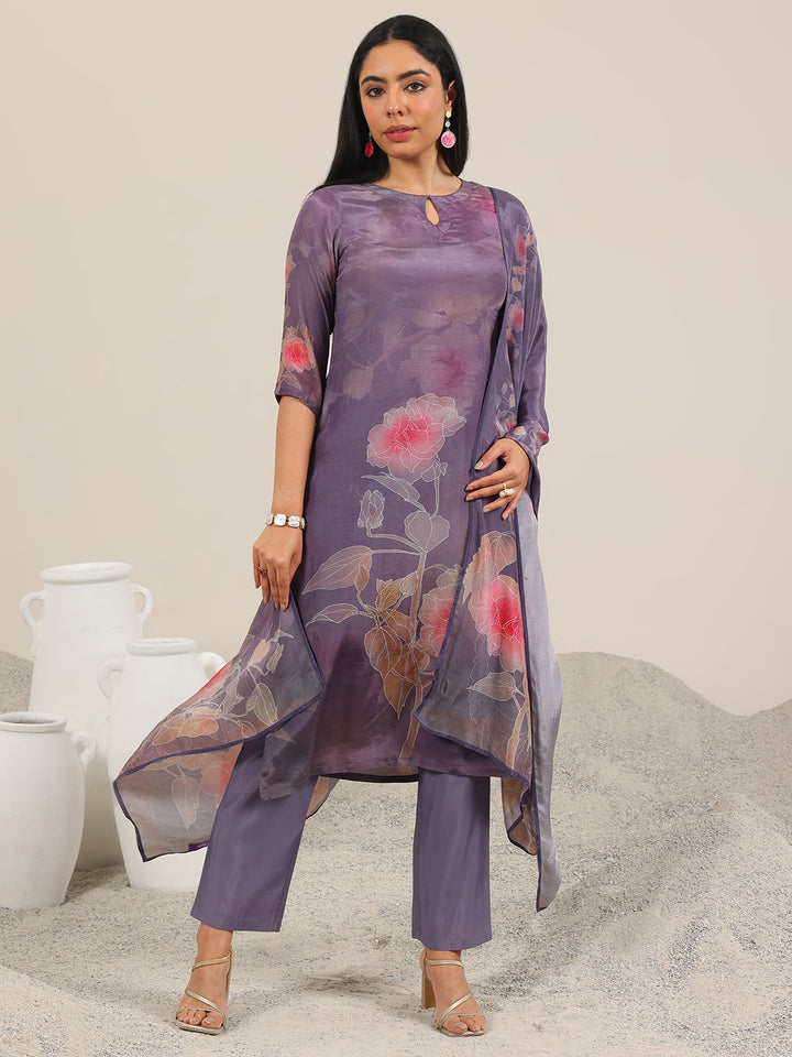 Mauve Printed Silk Blend Straight Suit Set With Dupatta