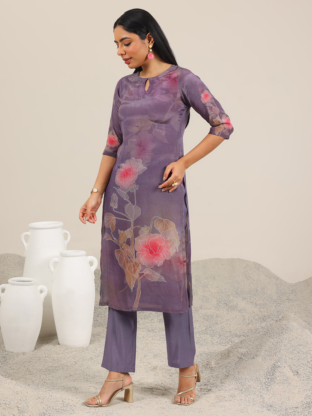 Mauve Printed Silk Blend Straight Suit Set With Dupatta
