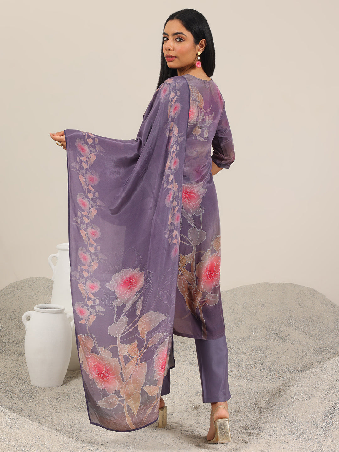 Mauve Printed Silk Blend Straight Suit Set With Dupatta