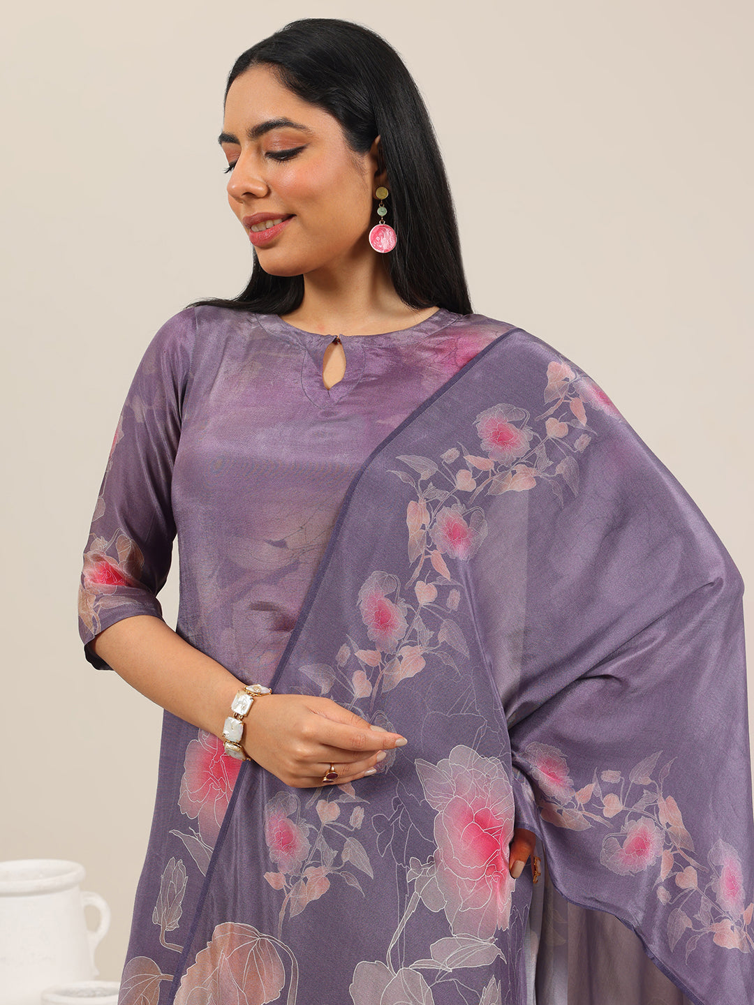 Mauve Printed Silk Blend Straight Suit Set With Dupatta