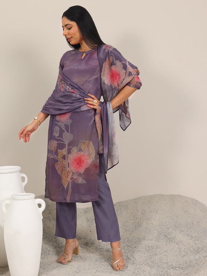Mauve Printed Silk Blend Straight Suit Set With Dupatta