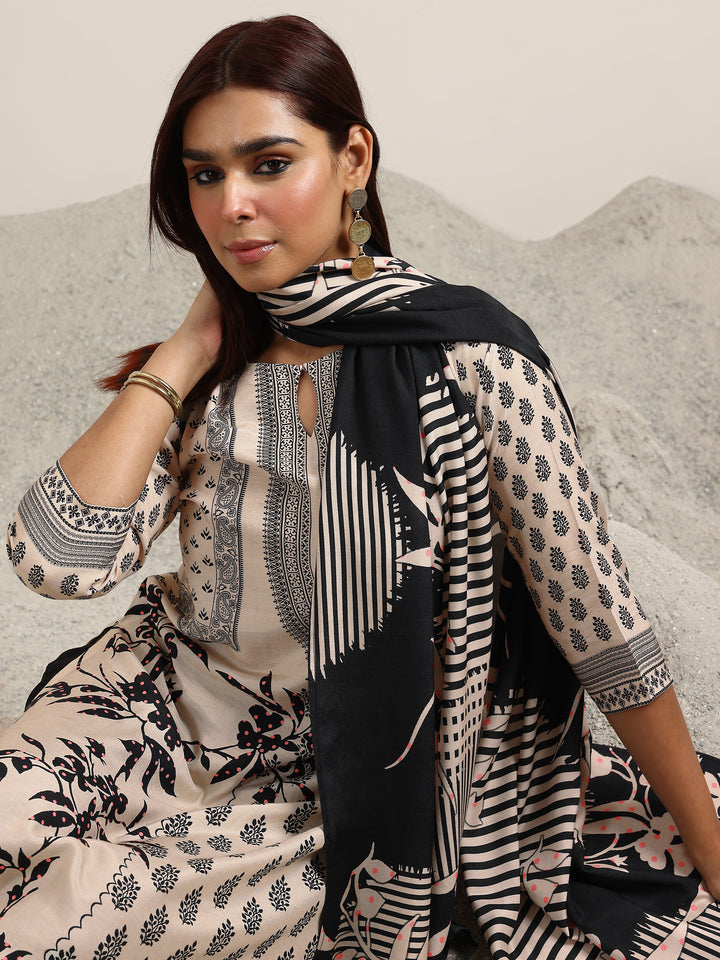 Off White Printed Silk Blend Straight Suit With Dupatta