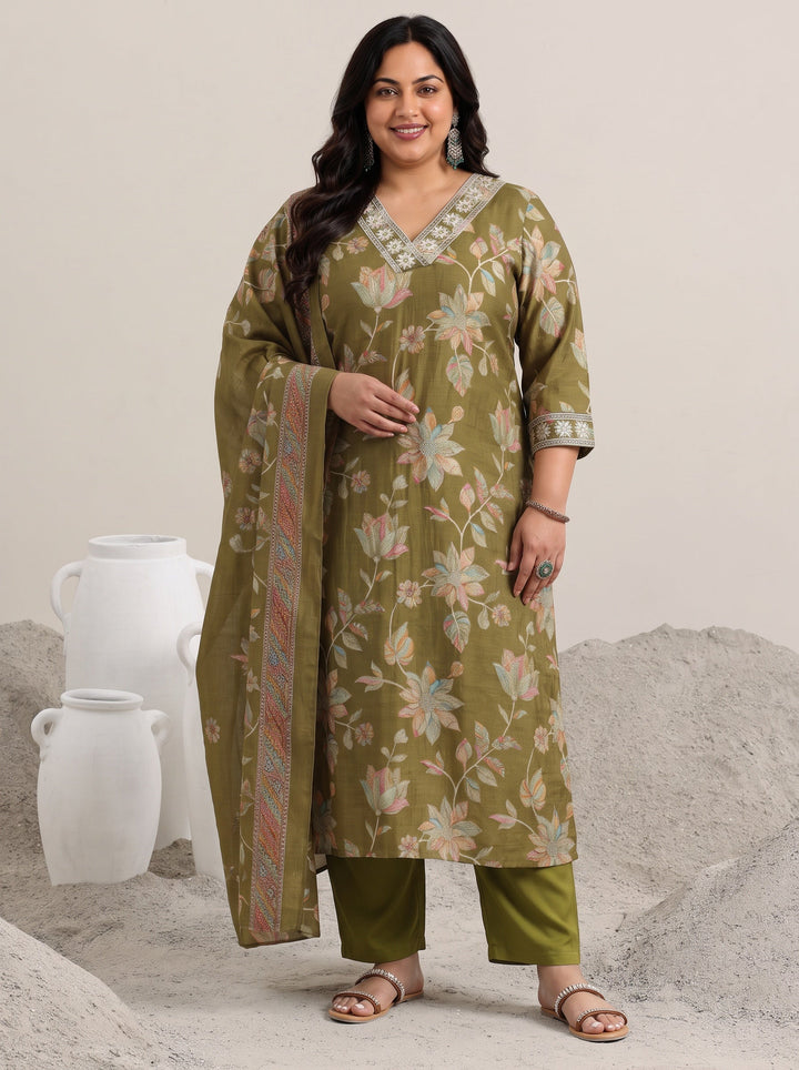 Plus Size Olive Printed Silk Blend Straight Suit With Dupatta