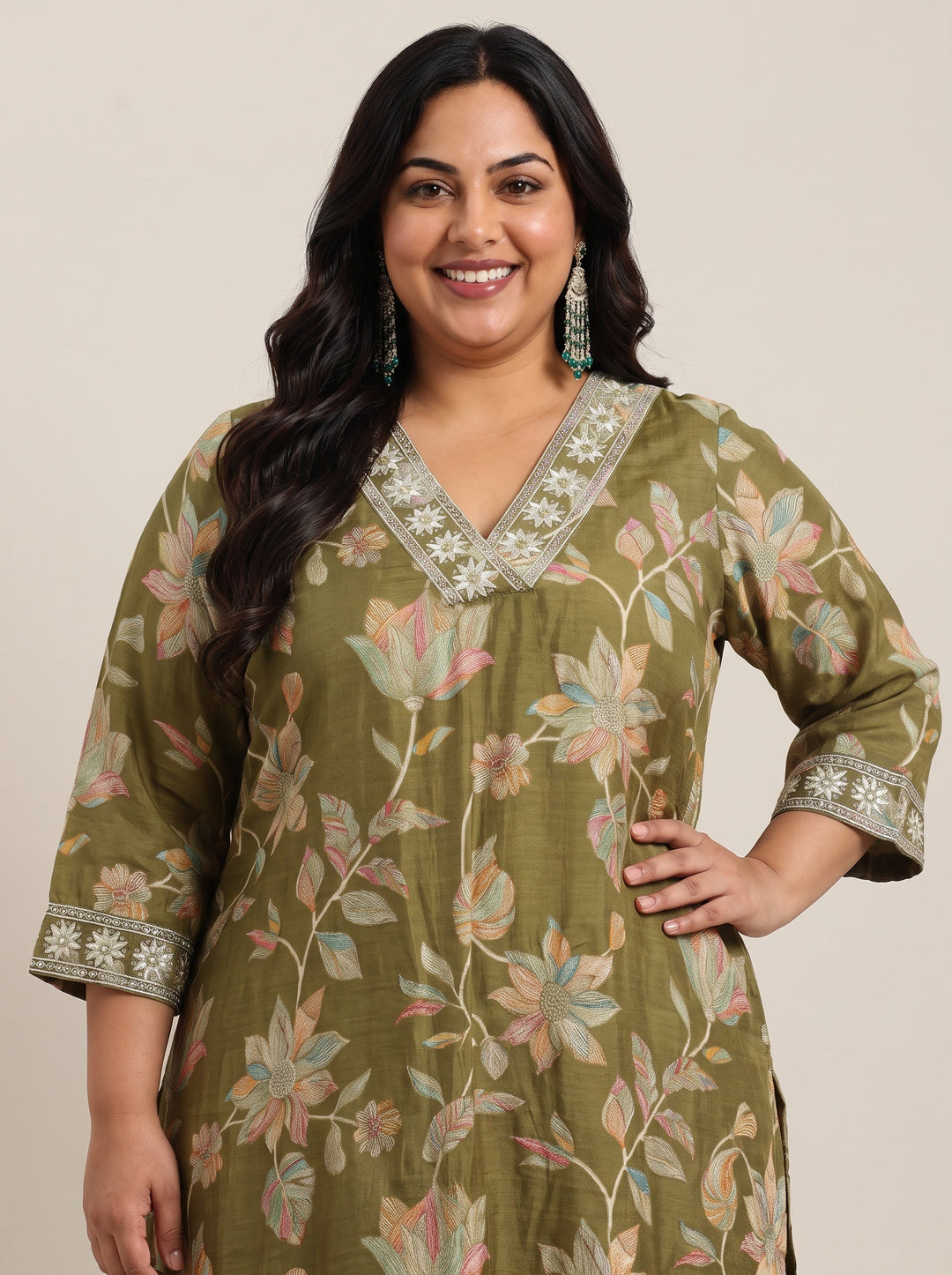 Plus Size Olive Printed Silk Blend Straight Suit With Dupatta
