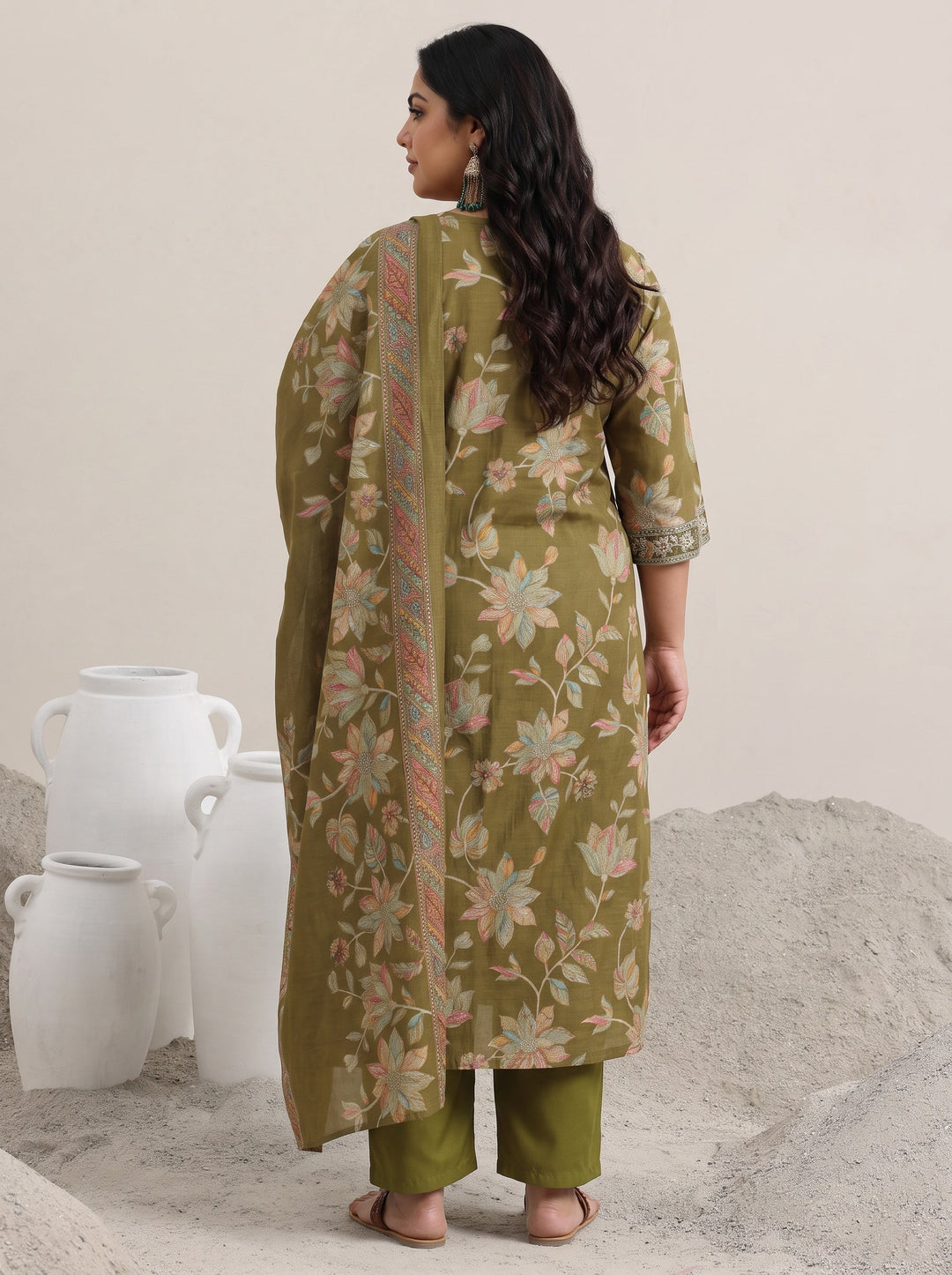 Plus Size Olive Printed Silk Blend Straight Suit With Dupatta