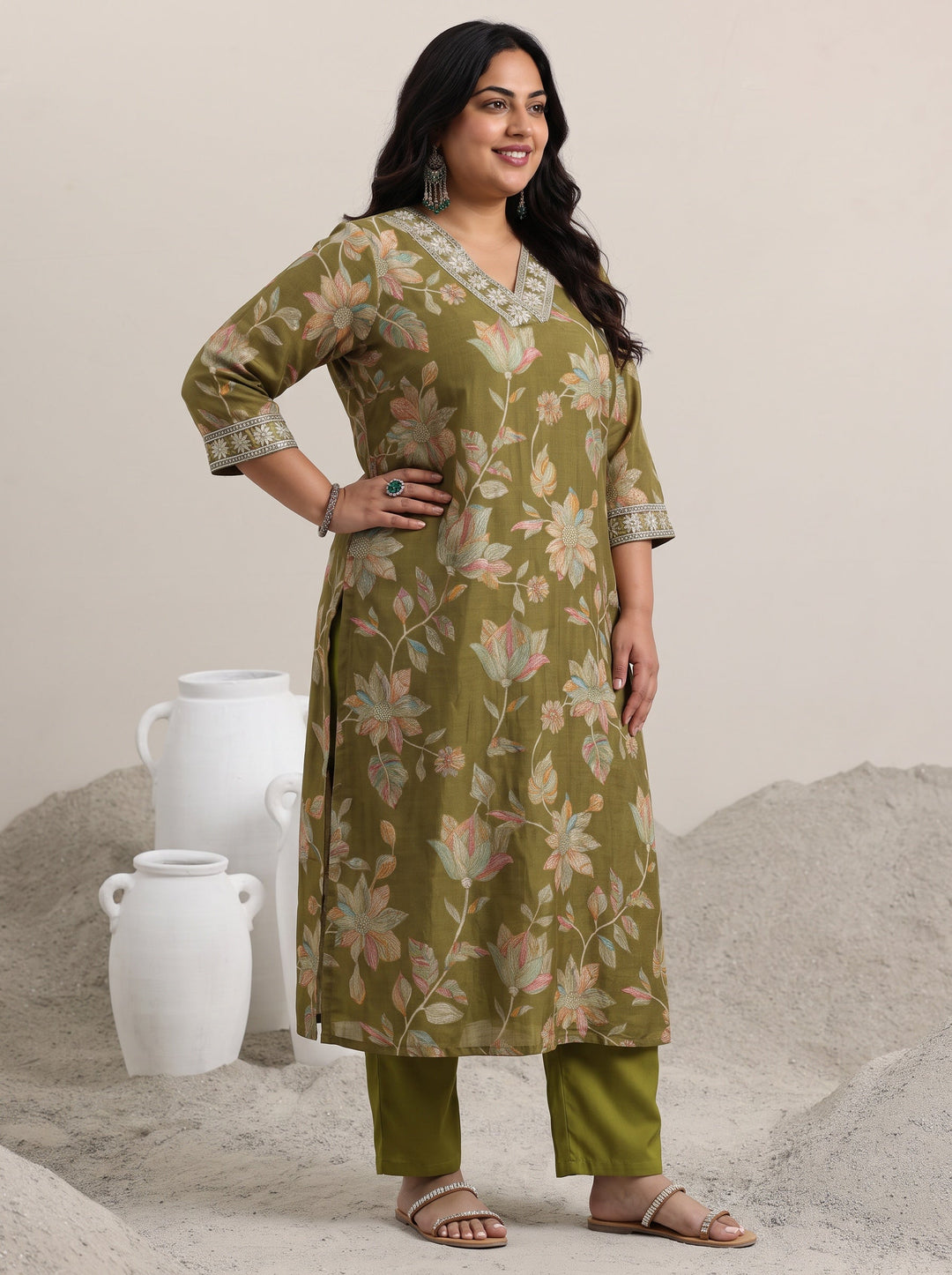Plus Size Olive Printed Silk Blend Straight Suit With Dupatta