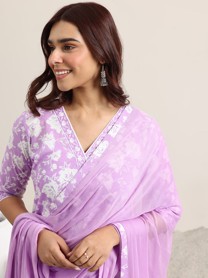 Lavender Printed Cotton Straight Suit With Dupatta