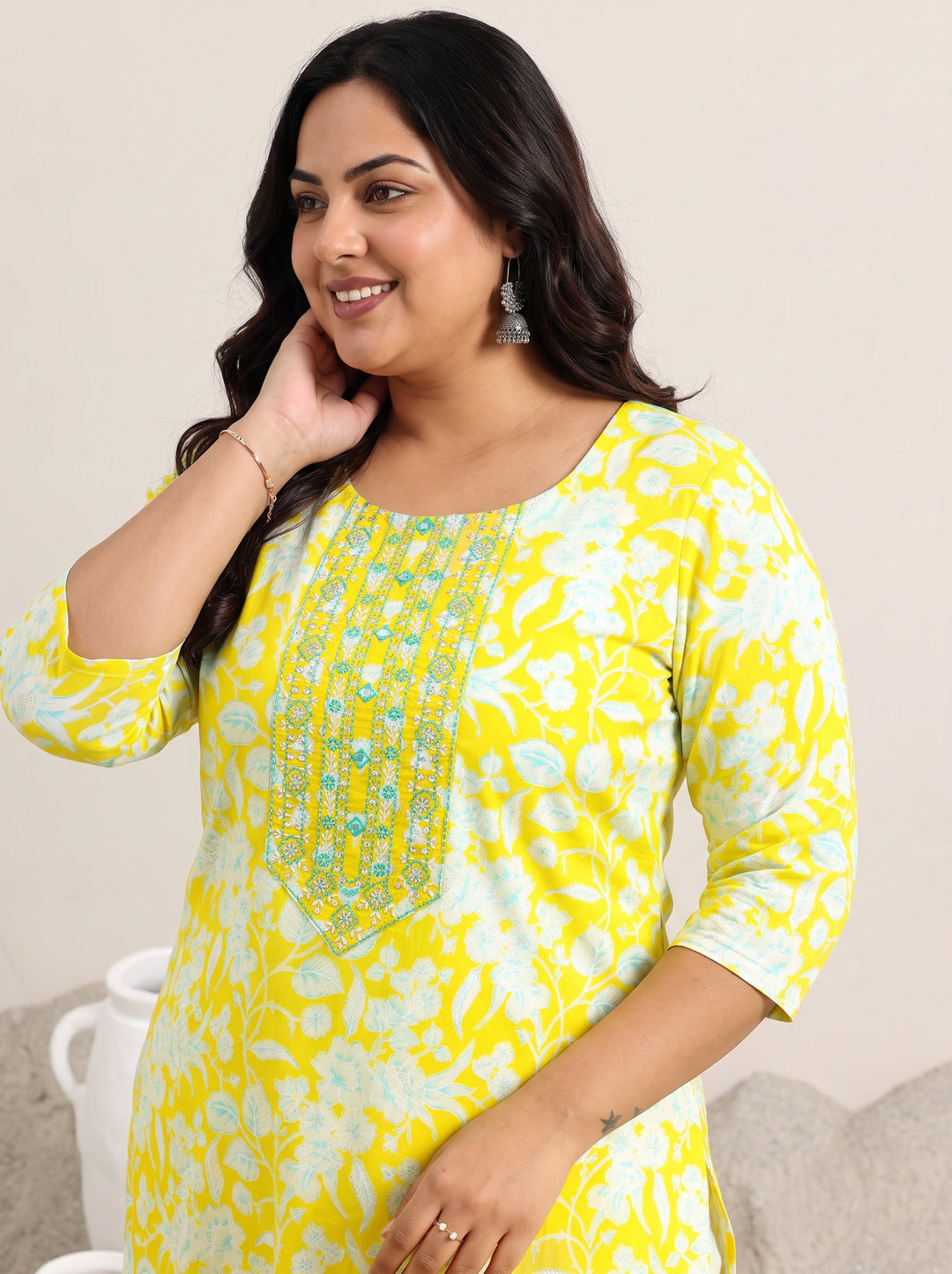 Plus Size Yellow Printed Cotton Straight Suit With Dupatta