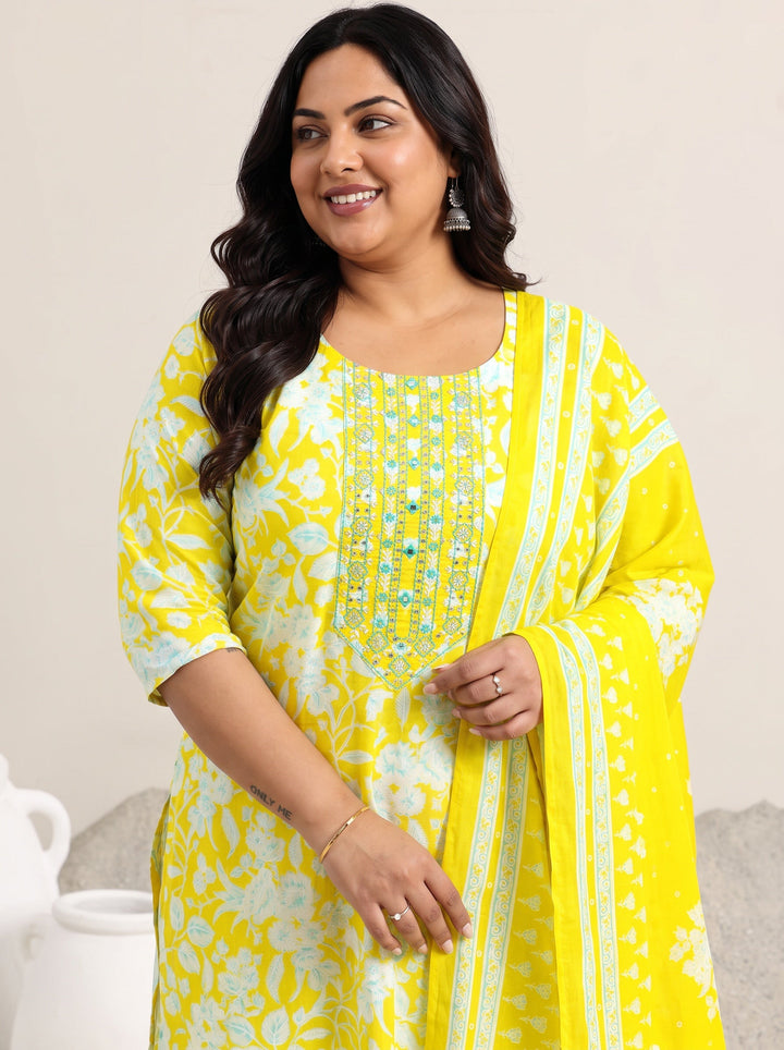 Plus Size Yellow Printed Cotton Straight Suit With Dupatta