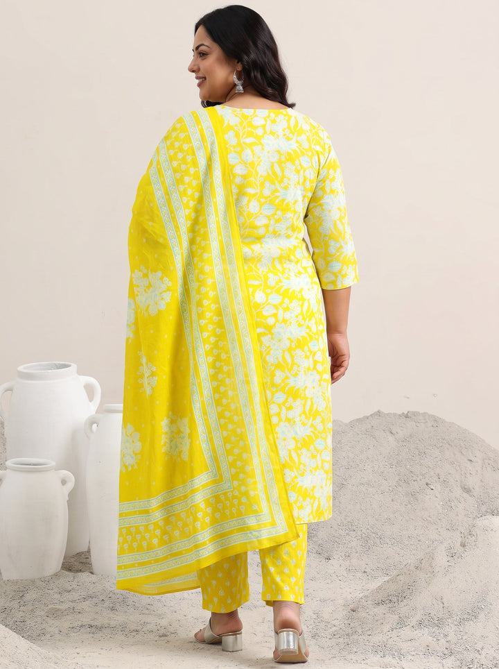 Plus Size Yellow Printed Cotton Straight Suit With Dupatta