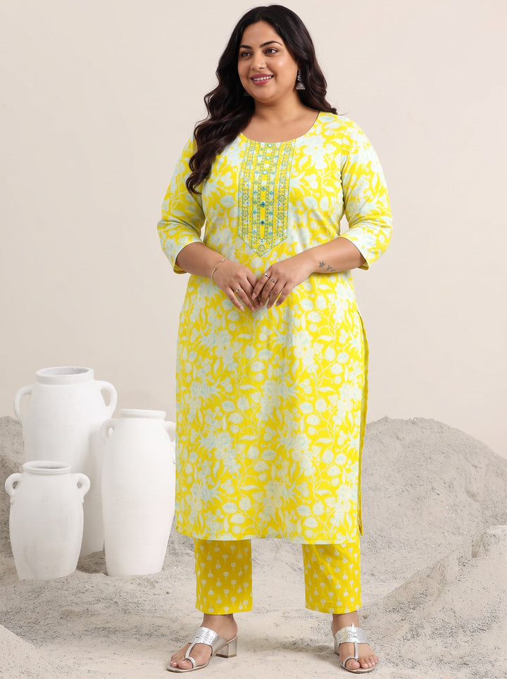 Plus Size Yellow Printed Cotton Straight Suit With Dupatta
