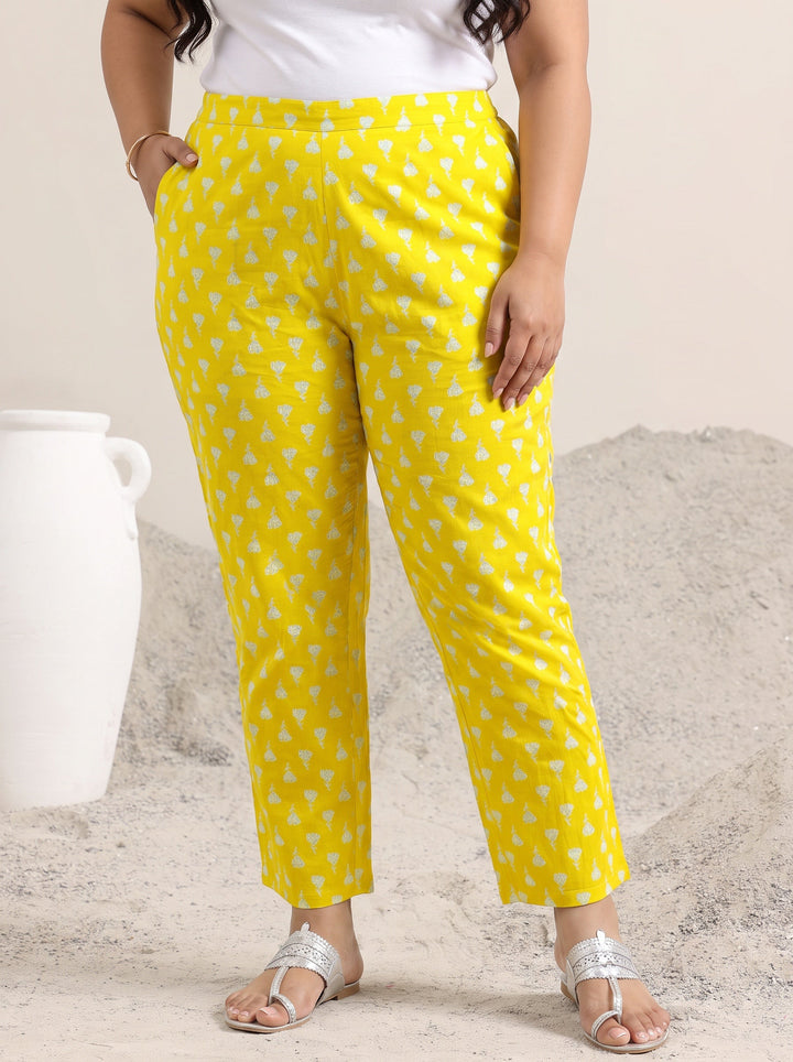 Plus Size Yellow Printed Cotton Straight Suit With Dupatta