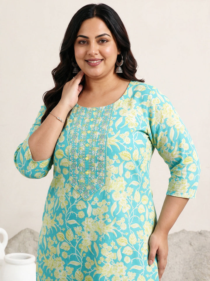 Plus Size Blue Floral Printed Cotton Straight Suit Set
