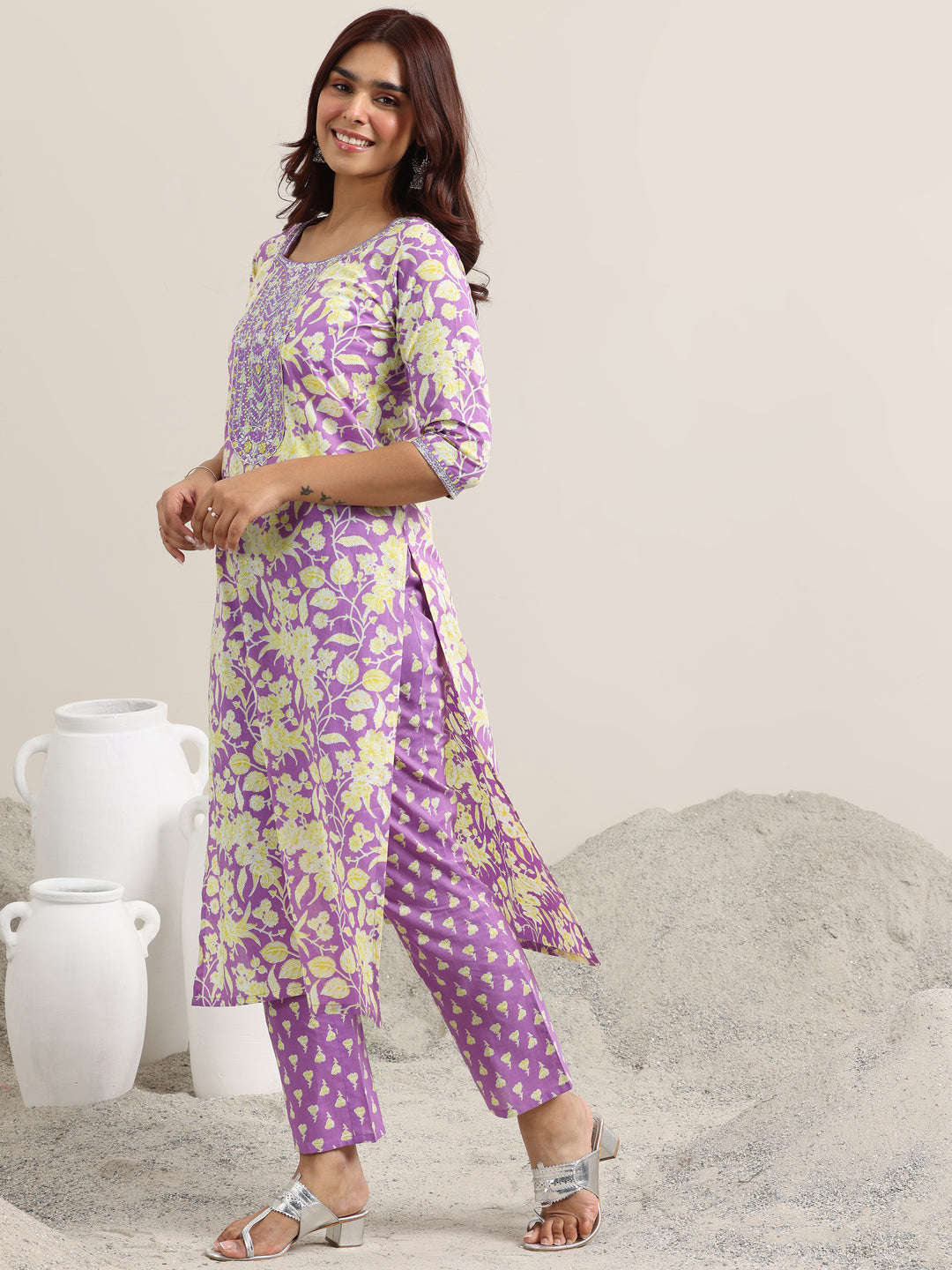Lavender Printed Cotton Straight Suit With Dupatta