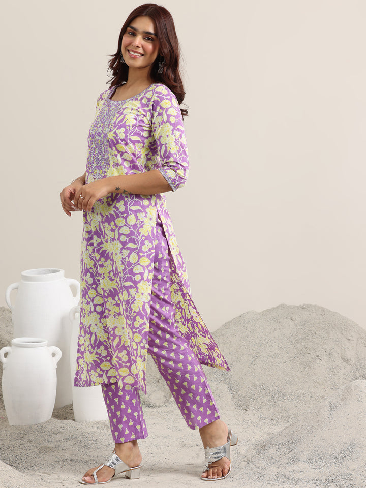 Lavender Printed Cotton Straight Suit With Dupatta