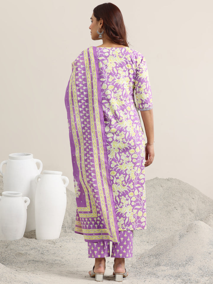 Lavender Printed Cotton Straight Suit With Dupatta