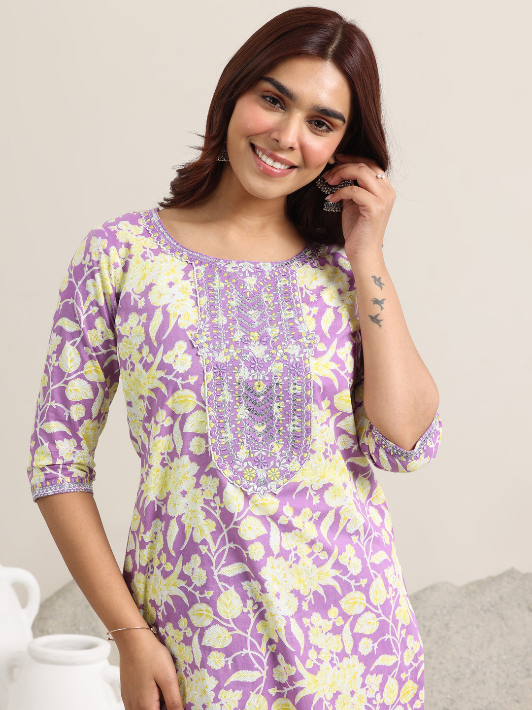 Lavender Printed Cotton Straight Suit With Dupatta