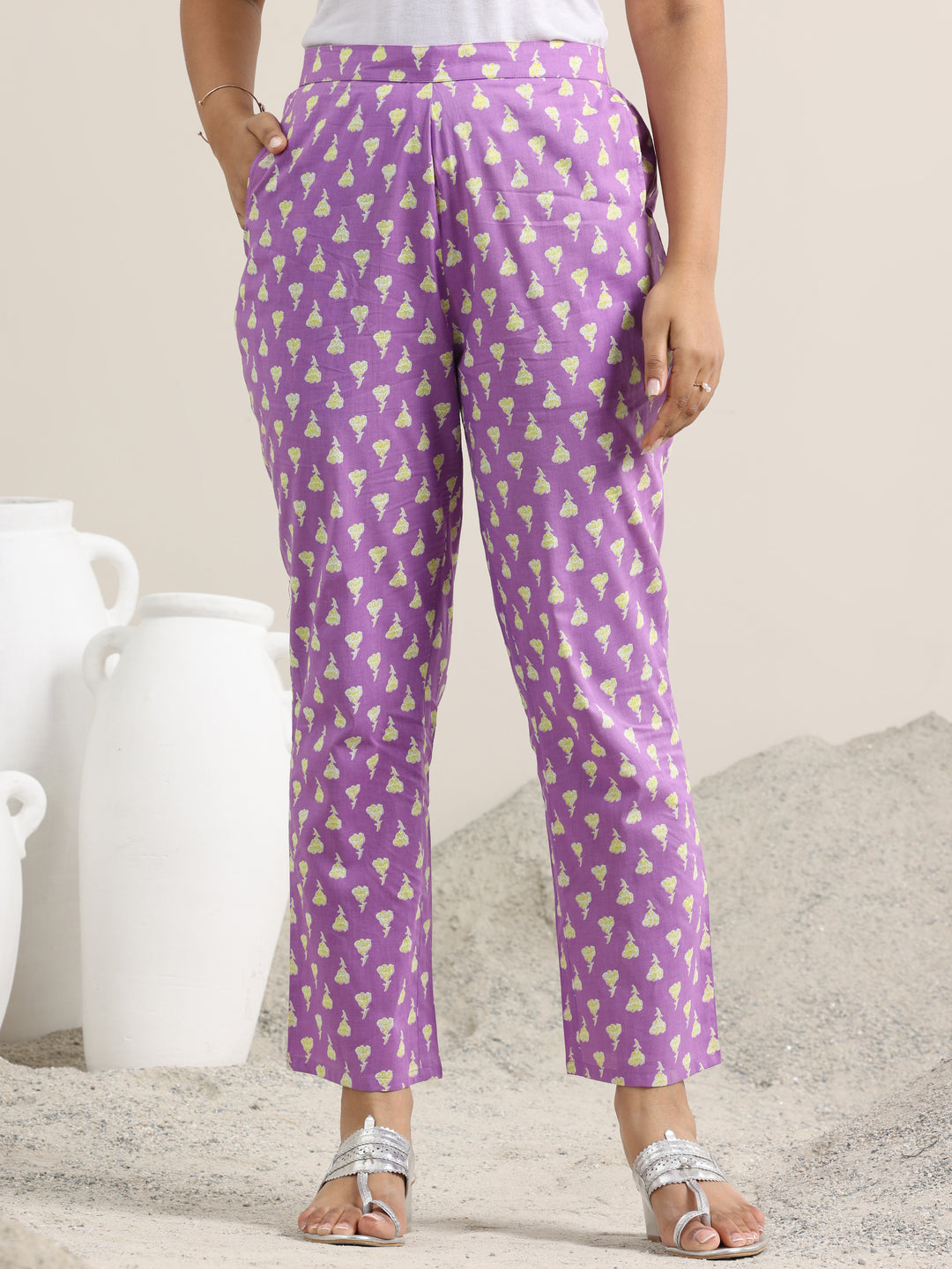 Lavender Printed Cotton Straight Suit With Dupatta