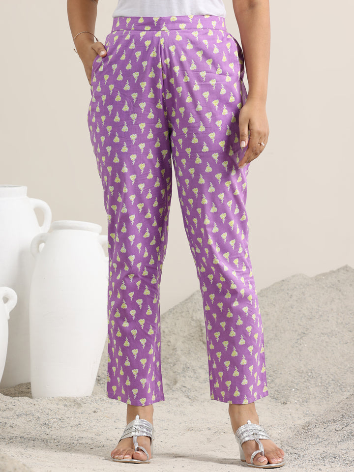 Lavender Printed Cotton Straight Suit With Dupatta