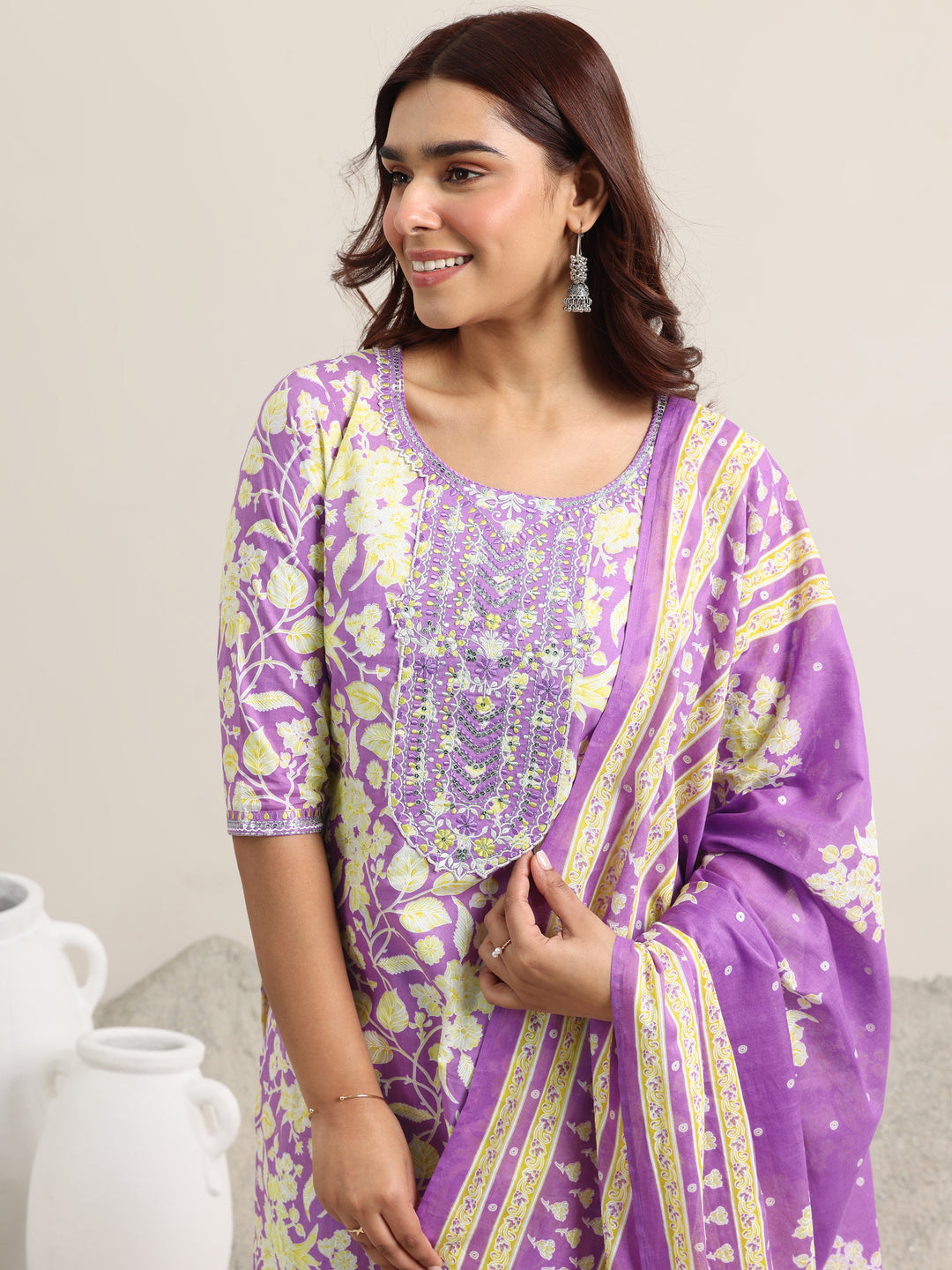 Lavender Printed Cotton Straight Suit With Dupatta