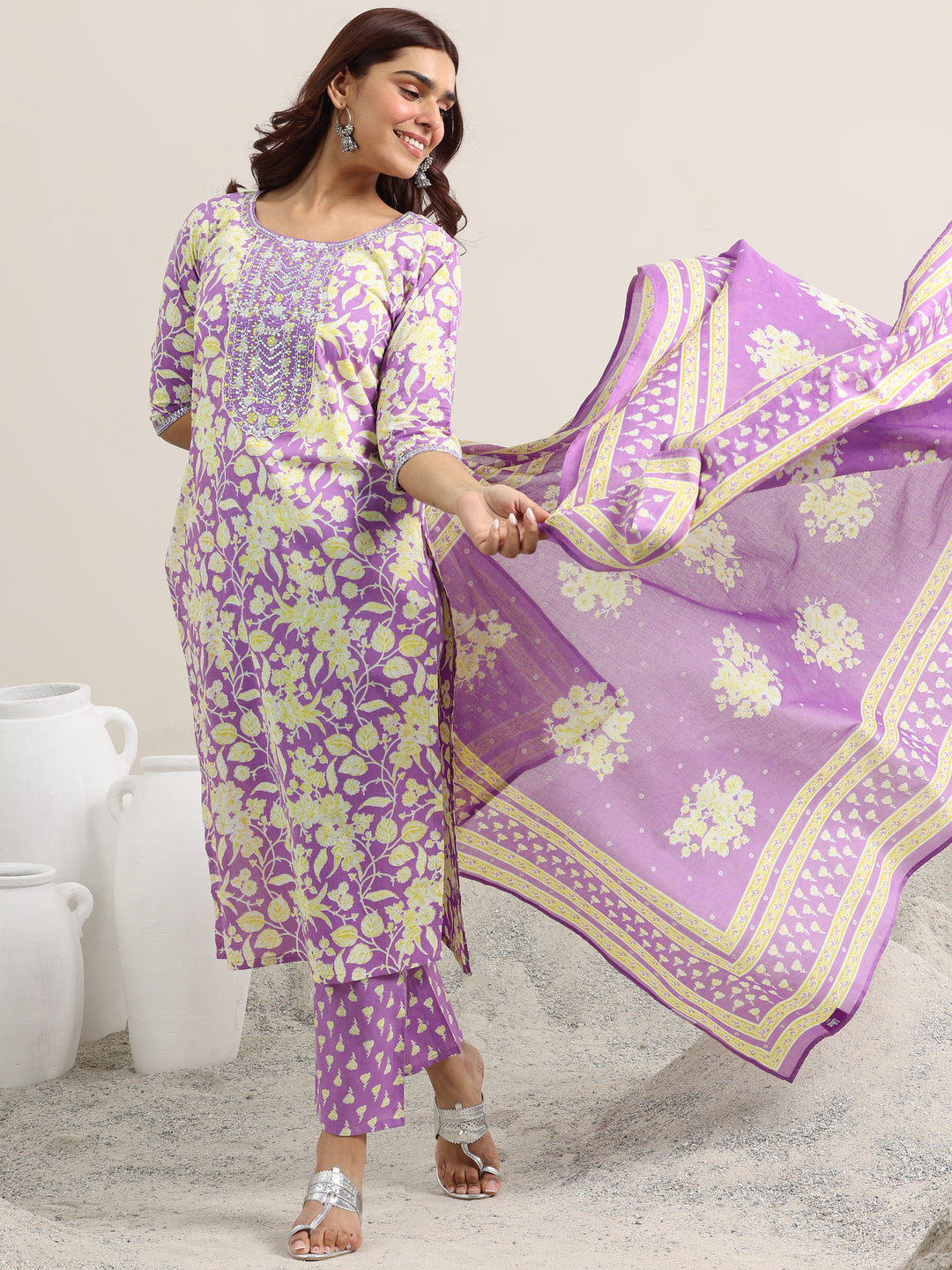 Lavender Printed Cotton Straight Suit With Dupatta