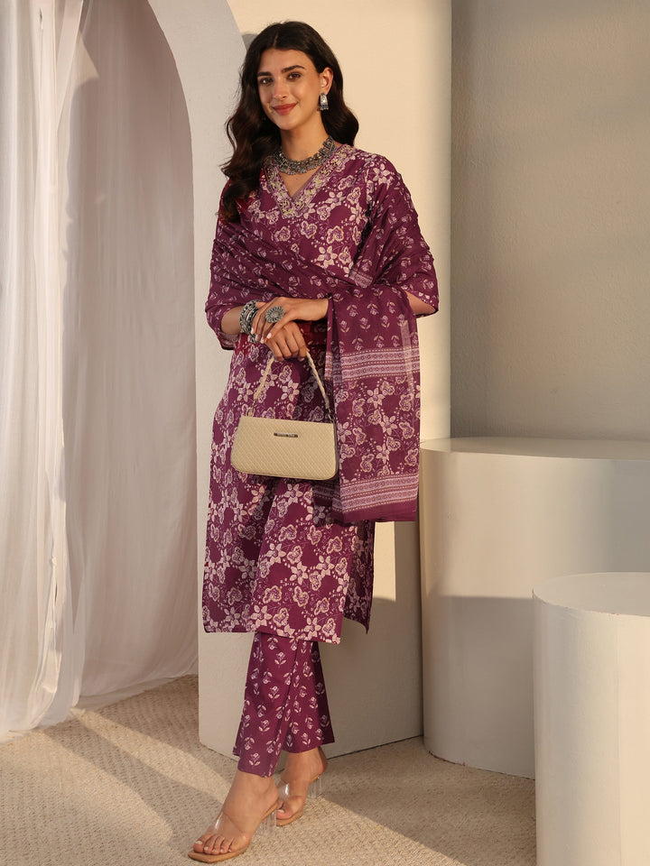 Burgundy Printed Cotton Straight Suit With Dupatta