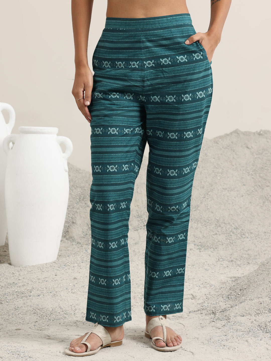 Teal Printed Cotton Straight Suit With Dupatta