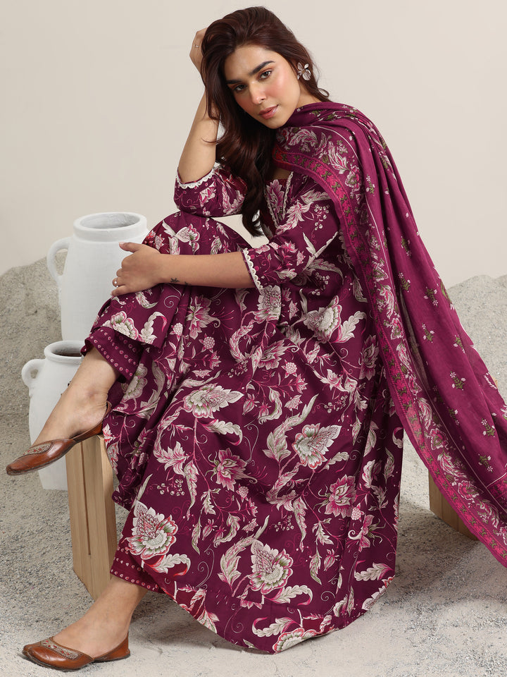 Libas Burgundy Printed Cotton Anarkali Suit With Dupatta