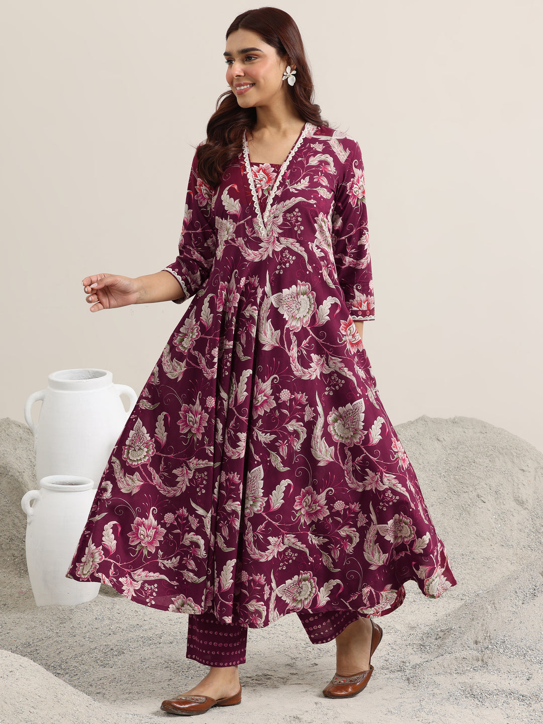 Libas Burgundy Printed Cotton Anarkali Suit With Dupatta