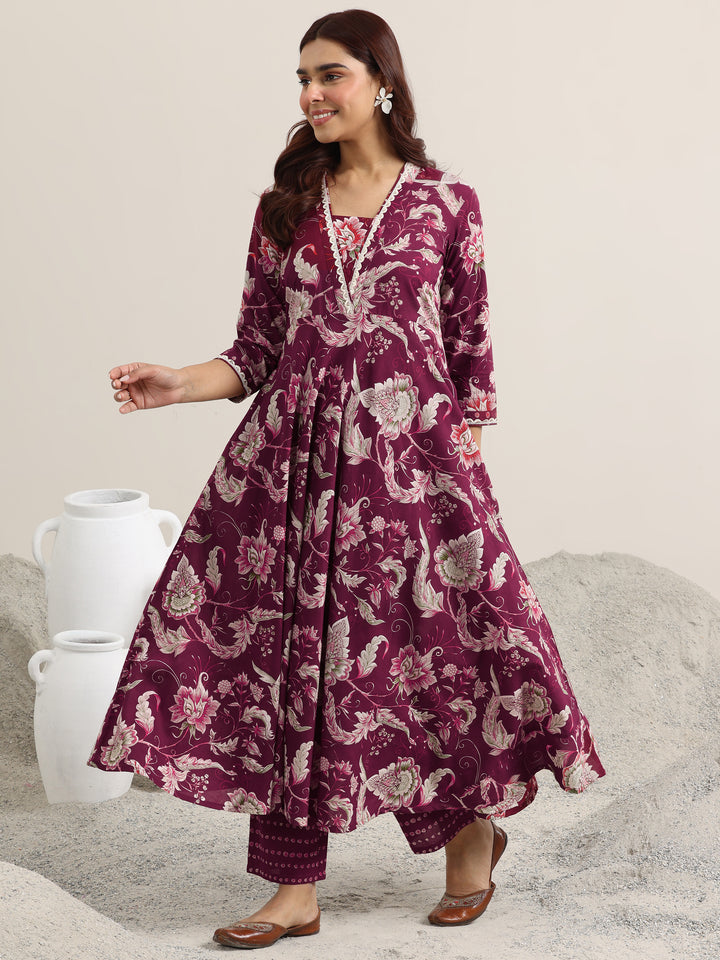 Libas Burgundy Printed Cotton Anarkali Suit With Dupatta
