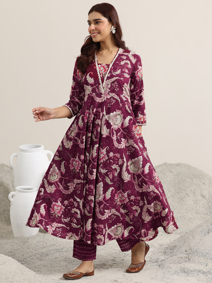 Burgundy Printed Cotton Anarkali Suit With Dupatta