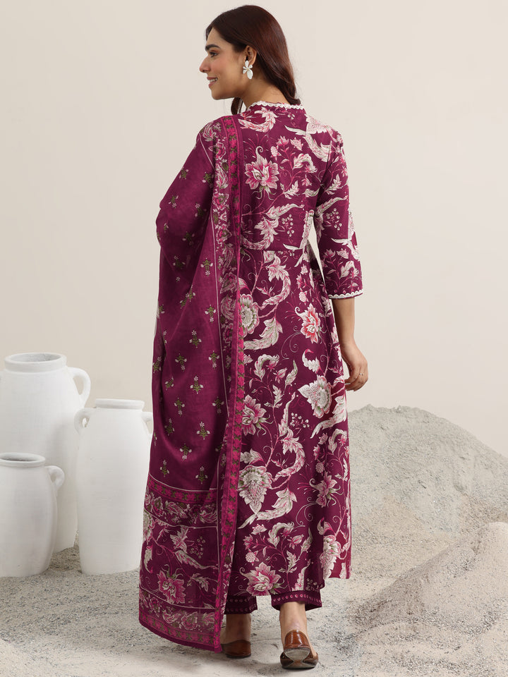 Libas Burgundy Printed Cotton Anarkali Suit With Dupatta
