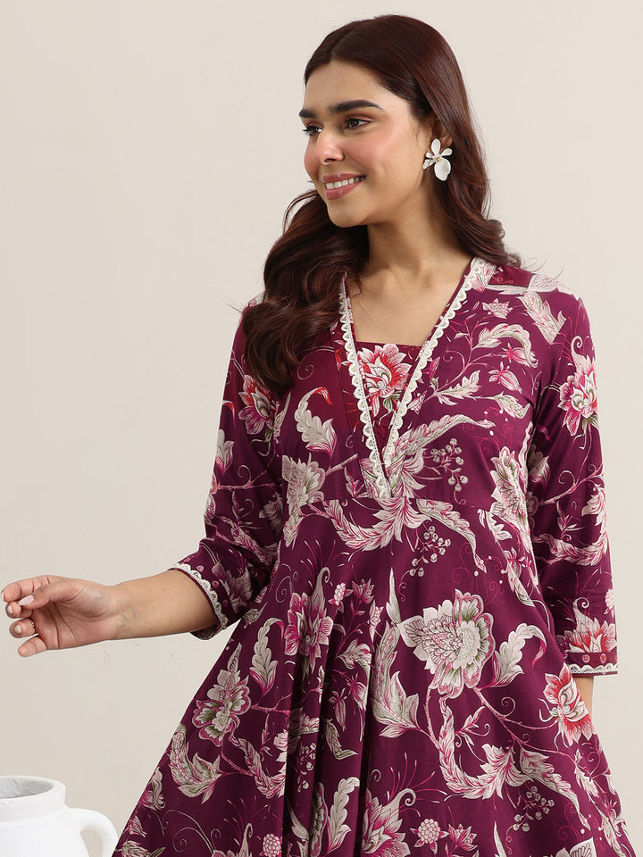 Burgundy Printed Cotton Anarkali Suit With Dupatta