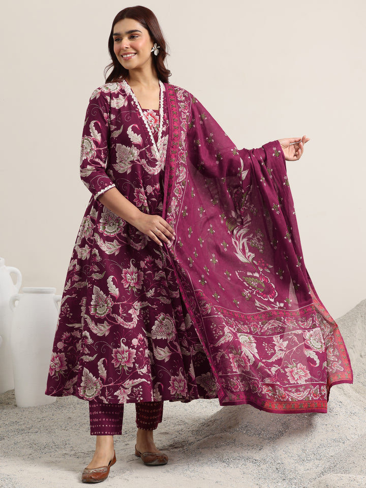 Libas Burgundy Printed Cotton Anarkali Suit With Dupatta