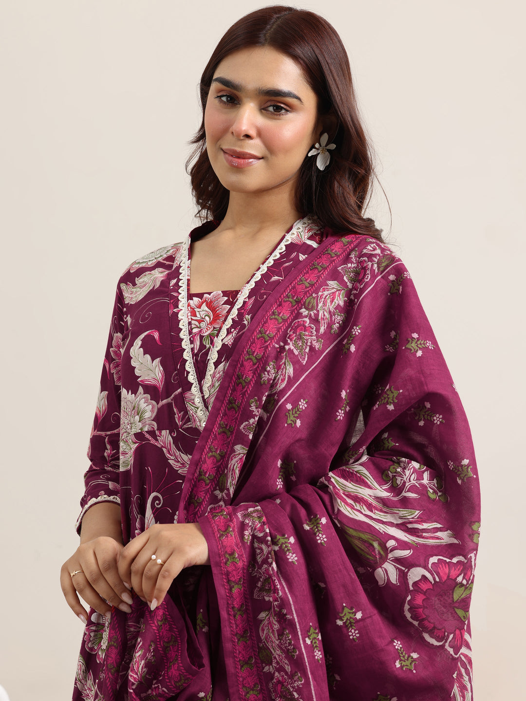 Burgundy Printed Cotton Anarkali Suit With Dupatta