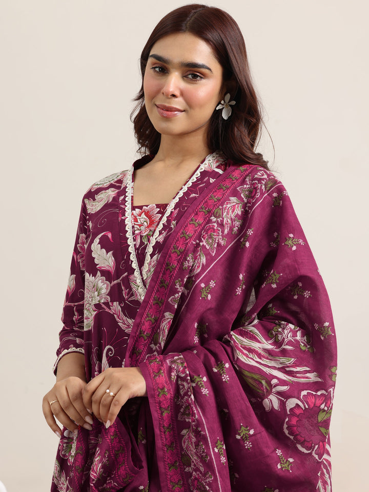 Burgundy Printed Cotton Anarkali Suit With Dupatta